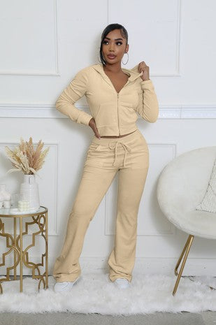 Velour Zip Up Hoodie and Flare Pants Set