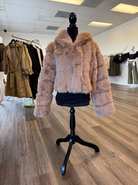 Hooded Fur Jacket Camel