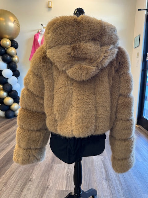 Hooded Fur Jacket Camel