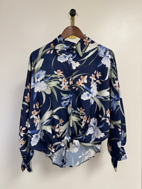 Printed Satin Floral Top Blue